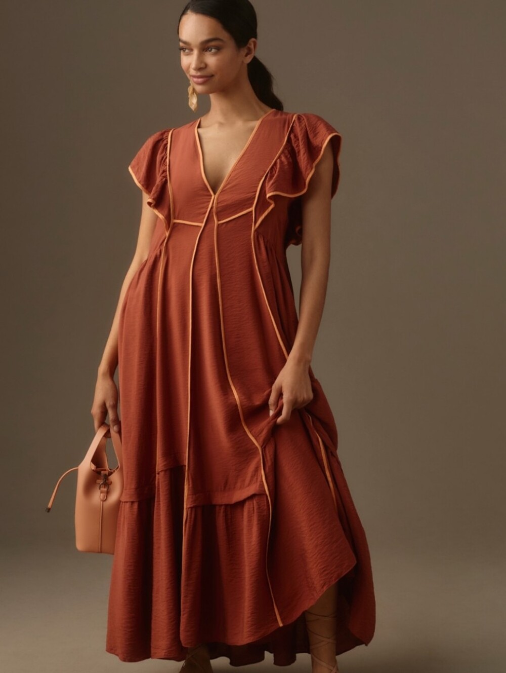 Anthropologie Rust Orange Maxi Dress with Contrast Piping